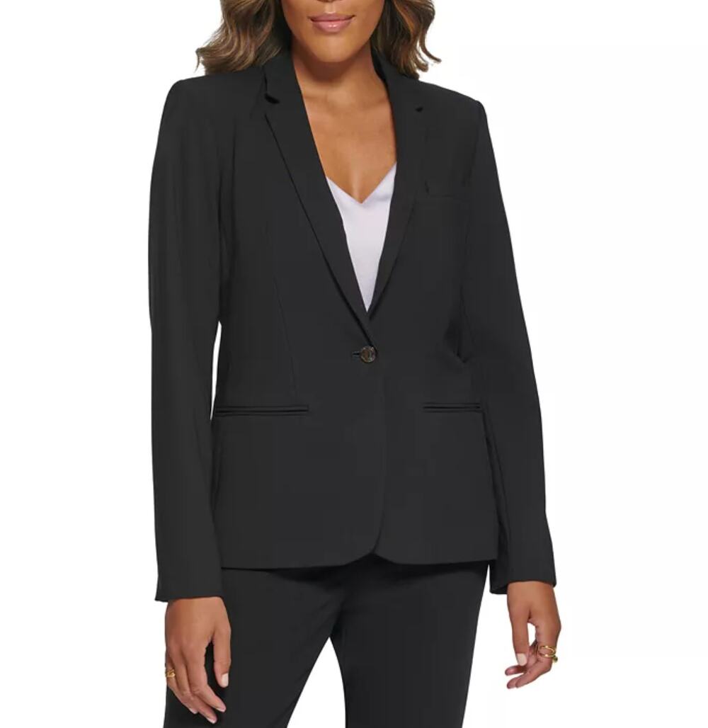 Calvin Klein One Button Blazer Black Tailored Jacket Size 10 Notch Collar Suit